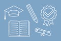 set of simple school icons for online education platform, white outline, hat, scroll, book, pencil, medal, education Royalty Free Stock Photo