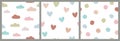 Set of simple seamless patterns of hand-drawn primitive elements. Hearts, clouds, circles in pastel colors on a white background.