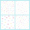 Set of simple seamless patterns in pastel colors. Vector backgrounds with hearts, clouds and polka dots Royalty Free Stock Photo