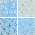 A set of simple seamless patterns with seashells. Live nature. Vector. A set of seashells.