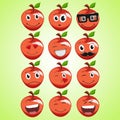 A set of simple smiling red apple. A cartoon character. Cute smiling apple icon isolated on green background