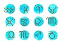 Zodiac signs. Set of simple stroke zodiac signs on watercolor vector circles background. Royalty Free Stock Photo