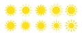 Set of simple sun icons. Solar symbol and weather sign. Sunbeams and sunburst, geometric yellow sun illustration