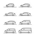 Set of simple thin line cartoon vehicles icons viewed from the side. The set includes small, medium and large cars, including vans Royalty Free Stock Photo