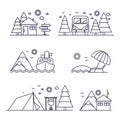 Set of simple travel icons. Vacation hiking in the mountains and resort in nature icon collection. Vector line Royalty Free Stock Photo