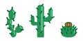 Set of simple cacti made from geometric shapes. Collection of spiny Mexican desert plants. Green thorns. Cactus flower.