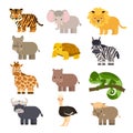 Set of simple vector cartoon isolated Savannah animals in flat style. Tiger lion, rhinoceros, common warthog, African buffalo, Royalty Free Stock Photo