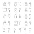 Set of simple vector icons as design elements - metal locks and keys. Security. Isolated on a white background. Vector