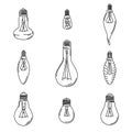 Set of simple vector images of incandescent lamp drawn in art line style.