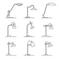 Set of simple vector images of table lamps drawn in art line style.