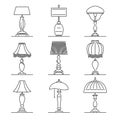 Set of simple vector images of table lamps with lampshade drawn in art line style.