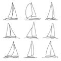 Set of simple vector images of yachts with triangular sails drawn in line style.