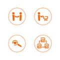 Set of simple vector outline icons for online store and website. Four symbols: cooperation, shopping, finding reasons and a chain