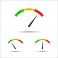 Set of simple vector tachometer with descriptions low, moderate, high