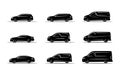 Set of simple vehicle icons in black. It contains cars and sports cars and several smaller and larger vans. Royalty Free Stock Photo