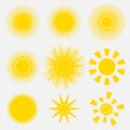 Set of simple yellow orange Sun icons on white background. Cartoon vector illustration of a sunrise.