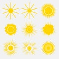 Set of simple yellow orange Sun icons on white background. Cartoon vector illustration of a sunrise. Royalty Free Stock Photo