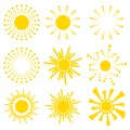 Set of simple yellow orange Sun icons on white background. Cartoon vector illustration of a sunrise. Royalty Free Stock Photo