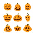 Set of simple yellow pumpkins with funny faces. Halloween icons. Royalty Free Stock Photo