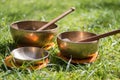 Set of singing bowls in the own garden, zen outdoors