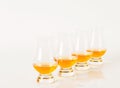 Set of single malt tasting glasses, single malt whisky in a glasses, white background