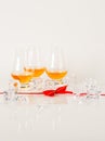 Set of single malt tasting glasses, single malt whisky in a glasses, white background, red bow Royalty Free Stock Photo