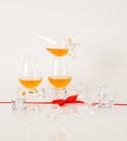 Set of single malt tasting glasses, single malt whisky in a glasses, white background, red bow Royalty Free Stock Photo