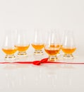 Set of single malt tasting glasses, single malt whisky in a glasses, white background, red bow Royalty Free Stock Photo