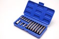 A set of single-sided chrome steel bits in a blue plastic box Royalty Free Stock Photo