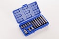 A set of single-sided chrome steel bits in a blue plastic box Royalty Free Stock Photo