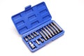 A set of single-sided chrome steel bits in a blue plastic box Royalty Free Stock Photo
