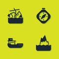 Set Sinking cruise ship, Iceberg, Cargo and Compass icon. Vector