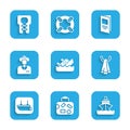 Set Sinking cruise ship, Suitcase, Cruise, Towel on hanger, Lifeboat, Tourist, Brochure and jacket icon. Vector