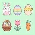 Cute Kawaii Easter Icons Set with Bunny Chick and Egg Illustration Royalty Free Stock Photo