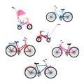 Set of six bicycles for family cycling. Color vector flat illustration of isolated bicycles Royalty Free Stock Photo