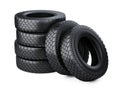 Set of six big vehicle truck tires stacked. Royalty Free Stock Photo