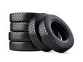 Set of six big vehicle truck tires stacked. New car wheels.