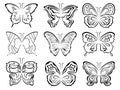 Set of six black butterflies contours over white Royalty Free Stock Photo