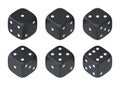 Set of six black dice with white dots hanging in half turn showing different numbers