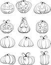 Set of six black outline pumpkins isolated on white background. A symbol of the holiday of Halloween Royalty Free Stock Photo