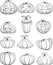 Set of six black outline pumpkins isolated on white background. A symbol of the holiday of Halloween Royalty Free Stock Photo