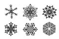 Set of six black silhouette of Christmas snowflakes isolated on white background.