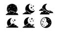 Moon icons set crescent night sky stars clouds black silhouette vector illustration Royalty Free Stock Photo