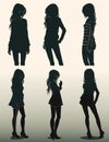 Set of six black silhouettes - young gril, woman. Slender silhouettes. Generative by Ai