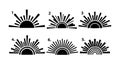 Set of six black sun icons with rays vector illustration for design and decoration Royalty Free Stock Photo