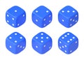 Set of six blue dice with white dots hanging in half turn showing different numbers