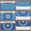 Set of six business cards. Vintage pattern in retro style with mandala.