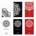 Set of six business cards. Vintage pattern in retro style with mandala. Hand drawn Islam, Arabic, Indian, lace pattern