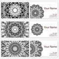 Set of six business cards. Vintage pattern in retro style with mandala. Hand drawn Islam, Arabic, Indian, lace pattern