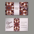 Set of six business cards. Vintage pattern in retro style with mandala. Hand drawn Islam, Arabic, Indian, lace pattern Royalty Free Stock Photo